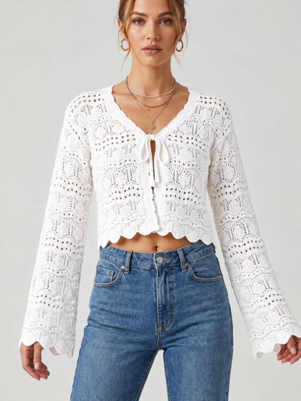 Moon & Madison Size Medium White Crochet Crop Sweater Tie Front